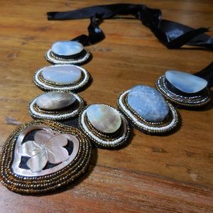 Beaded Shell Bib Necklace  Adjustable Ribbon  NWOT